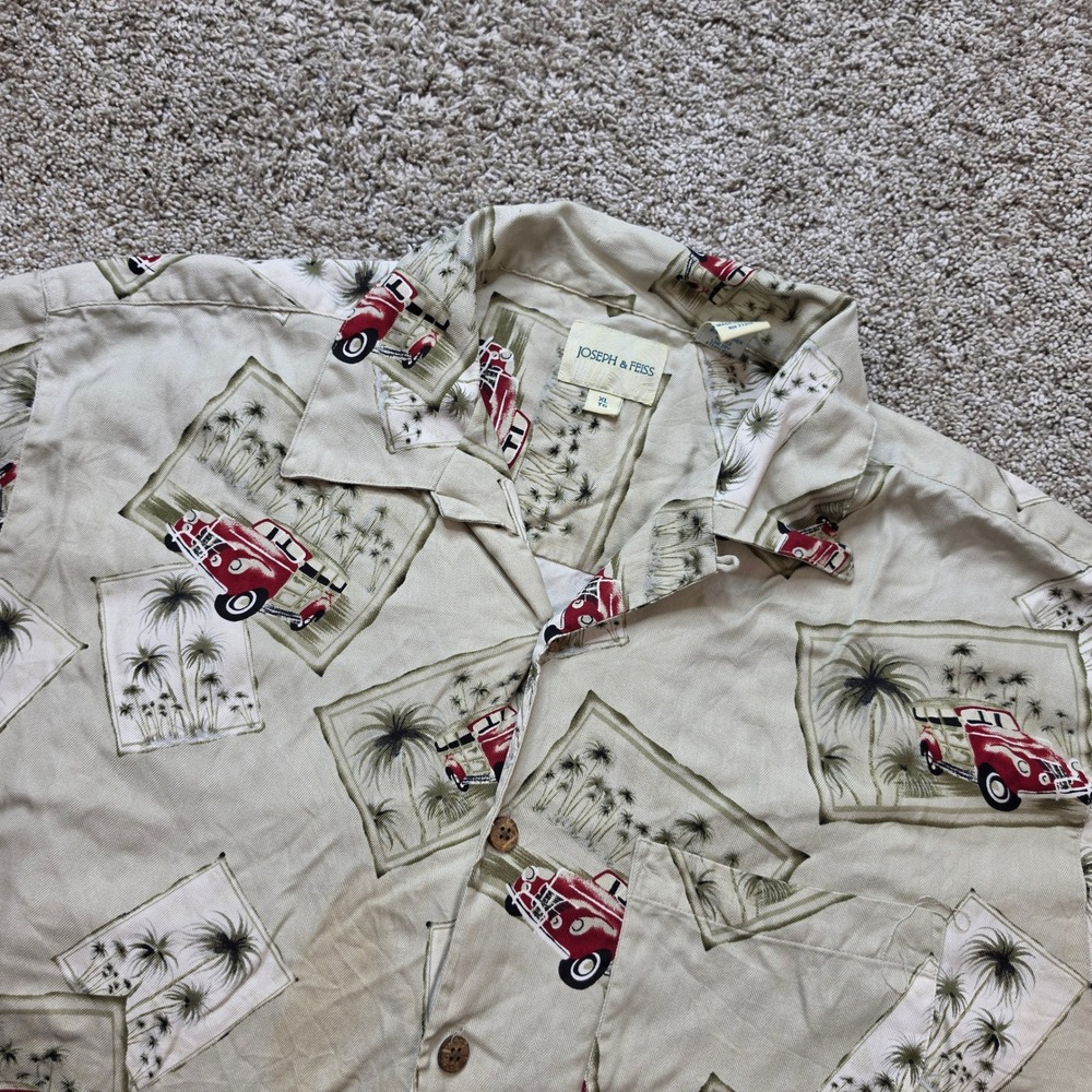 Joseph & Feiss Men XL Silk Vintage Car Palm Tree Hawaiian Camp Shirt Tan 33651